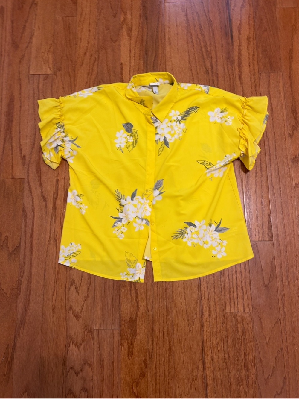 A New Day Yellow Floral Ruffle-Sleeve Button Front Blouse - Picture 4 of 7